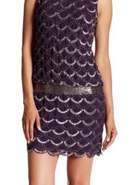 Adrianna Papell Purple Mini Dress with Silver Sequin Scallops